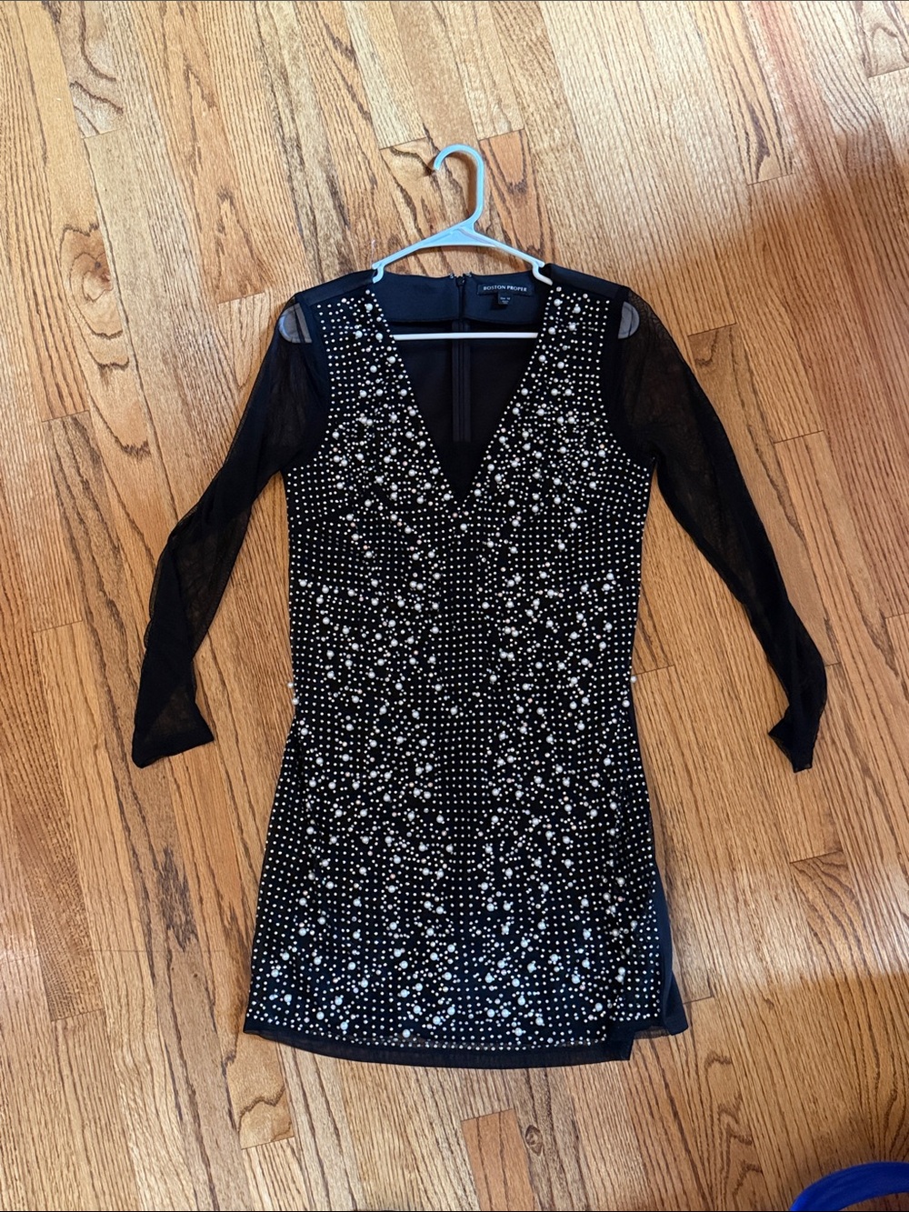 Boston Proper Black Long-Sleeve V-Neck Embellished Cocktail Dress